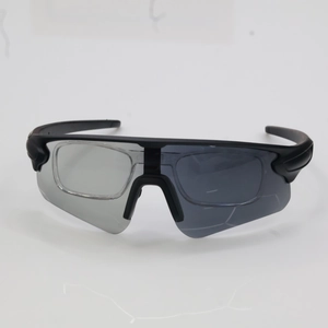 Sporty cycling sunglasses with matte black frame and unique asymmetrical dual-color lenses