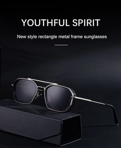 Detail of square metal sunglasses with retro industrial side shields and double bridge