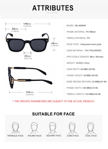 Detailed technical specification chart showing dimensions of square polarized sunglasses