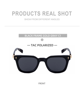 Detail of black polarized sunglasses with golden diamond metal hinge accents and TAC lenses