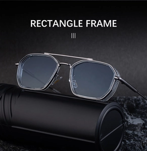 Detailed side view of punk style rectangle sunglasses with metal mesh side shields