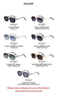 Detail view of square frame retro sunglasses showcasing metallic textures and color options