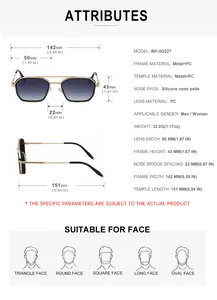 Detailed size chart of punk square sunglasses with dimensions and frame material specs