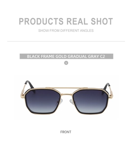 Front view of square frame sunglasses with black gold trim and gradient gray lenses
