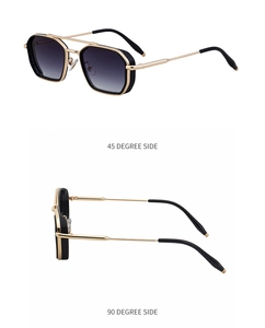 Detail of gold metal square sunglasses with black mesh side shields and grey lenses