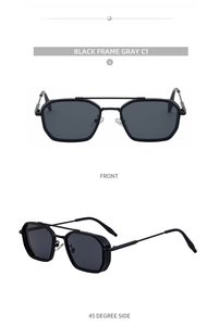 Front and 45-degree side views of square punk sunglasses with black frames and gray lenses