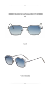 Front and 45-degree side views of gunmetal square sunglasses with blue gradient lenses