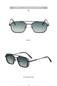 Front and 45-degree side views of gunmetal square sunglasses with gray green lenses