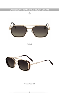 Detail view of retro square metal sunglasses in dark brown and gold with gradient lenses
