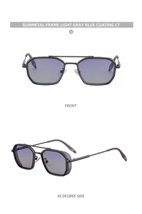 Gunmetal square frame sunglasses with light gray blue lenses and retro double bridge design