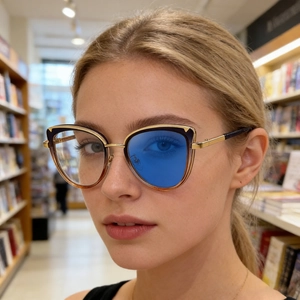 Détail de lunettes yeux de chat montrant le contraste entre verres clairs et anti-lumière bleue