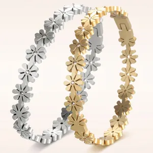 Elegant gold and silver titanium steel daisy bracelets with sparkling rhinestones floral design