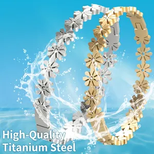 Titanium steel daisy flower bracelets with crystals in gold and silver finish