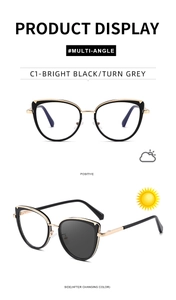 Détail de lunettes de soleil œil de chat montrant la transition de couleur photochrome