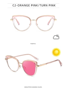 Détail de lunettes œil de chat photochromiques passant du rose à l'orange