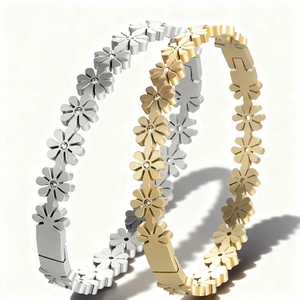 Gold and silver stainless steel daisy flower bracelets with crystal inlay and clasp closure