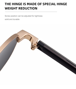 Detail of durable gold metal hinges with weight reduction design on oval sunglasses