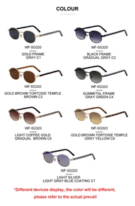 Flat lay display of retro oval metal sunglasses in seven various color combinations