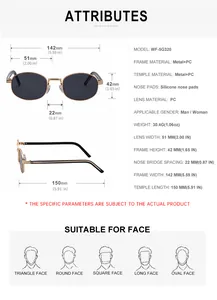 Detailed sizing chart and technical specifications for oval metal frame sunglasses