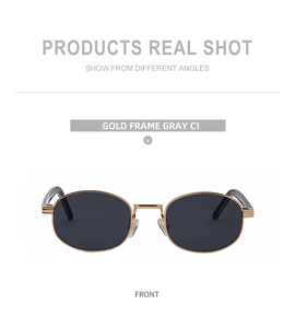 Front view of oval retro sunglasses with a gold metal frame and grey tinted lenses