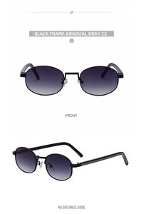 Front and 45-degree side view of oval metal sunglasses with gradual gray lenses