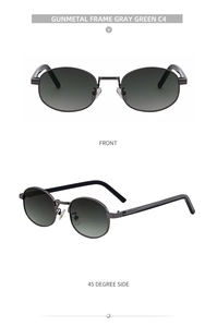 Front and side view of gunmetal oval metal sunglasses with gray green gradient lenses