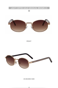 Detail view of oval metal sunglasses in light coffee gold with brown gradient lenses
