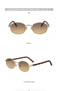 Macro detail of oval gold metal sunglasses with gray yellow gradient lenses and tortoise tips