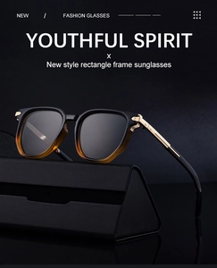 Close-up of rectangle sunglasses on a black triangular case with gold metal hinge detail