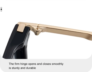 Detail of durable gold zinc alloy hinge on polygon sunglasses with smooth opening
