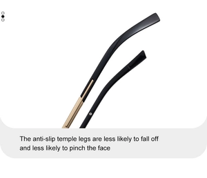 Detail of matte black temple legs with gold metal hinges and anti-slip comfort design