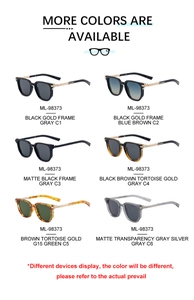 Six color variations of polygon sunglasses with zinc alloy temples shown in a grid