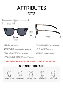 Detailed dimension chart showing 144mm width and gold metal temples of the sunglasses