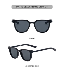 Front and 45-degree angle view of matte black polygon sunglasses with gray lenses