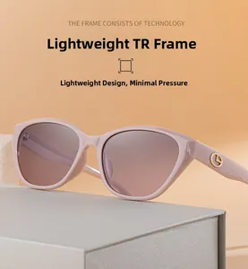 Close-up of lightweight pink cat-eye sunglasses with gold logo on TR frame