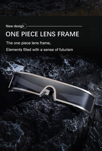 Futuristic one-piece silver metal frame sunglasses with dark grey lenses on rock background