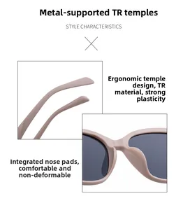 Detail of ergonomic TR material temples with metal reinforcement and integrated nose pads