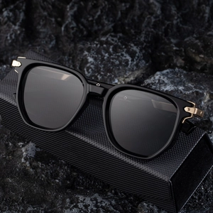 Polygon sunglasses for men with zinc alloy temples and black frame with a luxury case