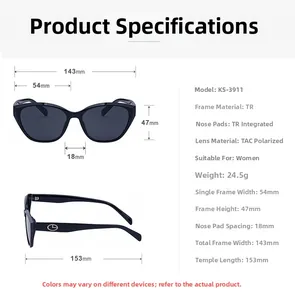 Detailed dimension guide for black cat-eye polarized sunglasses with TR90 frame specs