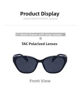 Front view of stylish black cat eye sunglasses featuring gray TAC polarized lenses