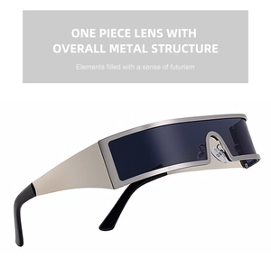 Detail showing the futuristic metal frame and one-piece lens of these square sunglasses