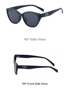 Cat eye polarized sunglasses side view with rhinestone letter logo on temples