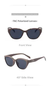 Detail view of cat eye sunglasses with metal ring logo on temples and TAC polarized lenses