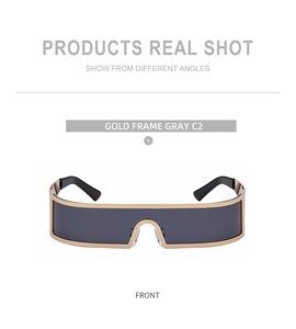 Front view of gold frame square sunglasses with deep gray one-piece lenses and nose cutout