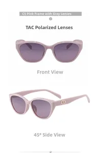 Cat-eye polarized sunglasses in pink with a side view of the circular metal temple logo