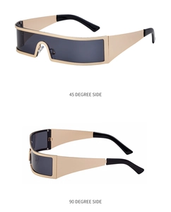 Dual view of gold rectangular sunglasses showing 45 and 90 degree side metal frame details