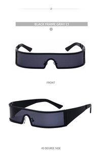 Front and 45-degree side views of black square wrap sunglasses with gray lenses