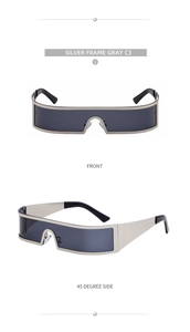 Front and side view of futuristic silver frame shield sunglasses with dark grey lenses