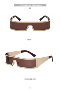 Front and 45-degree side views of square gold metal sunglasses with brown lenses