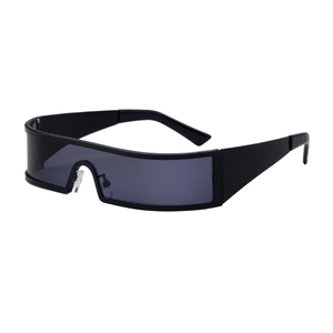 Modern black wrap-around square sunglasses with futuristic frame and dark lenses